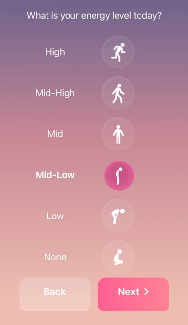 Energy level screen with six options